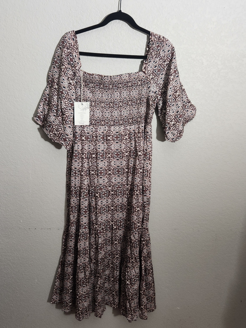 Noonday Collection Square-Neck Maxi Dress Brown Geometric Print
